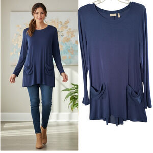 LOGO by Lori Goldstein Tunic Top Wmn's Sz M Navy Long Sleeve Stretch Jersey Knit